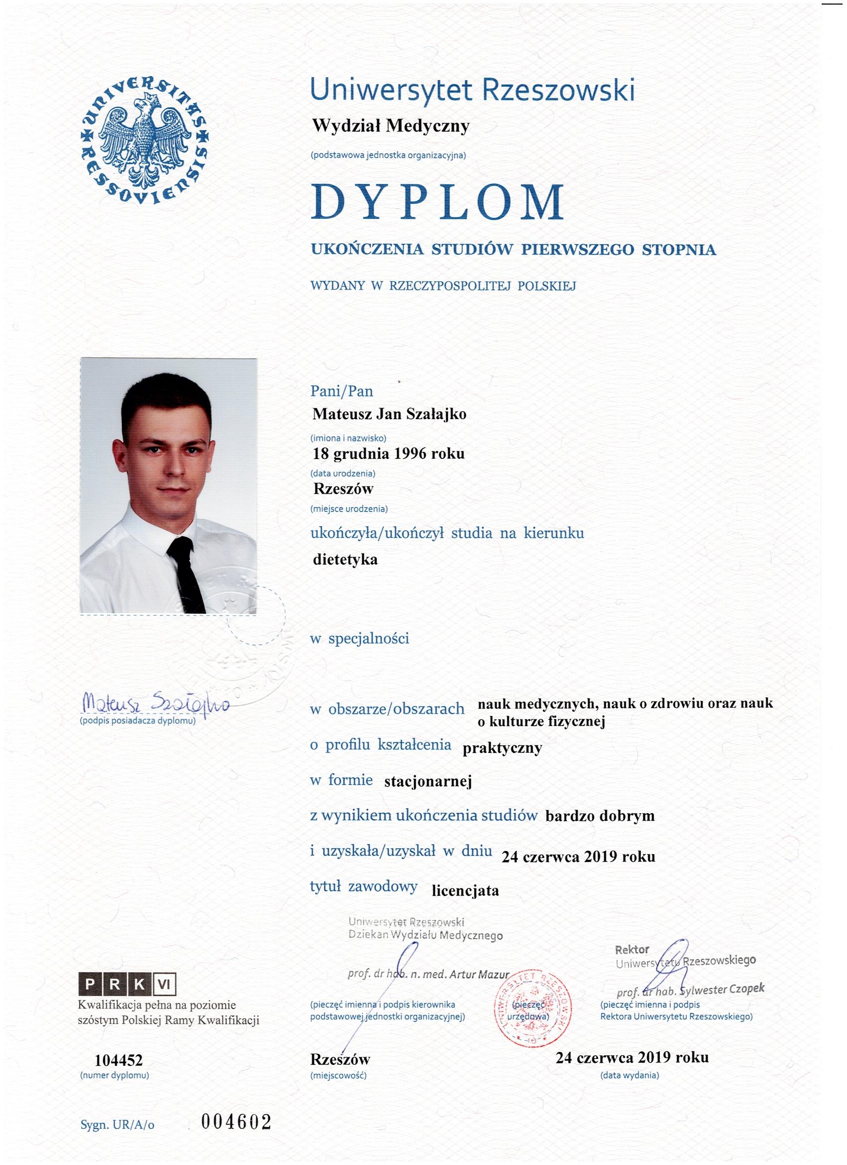 Dyplom I stopnia Dietetyka Szałajko Mateusz