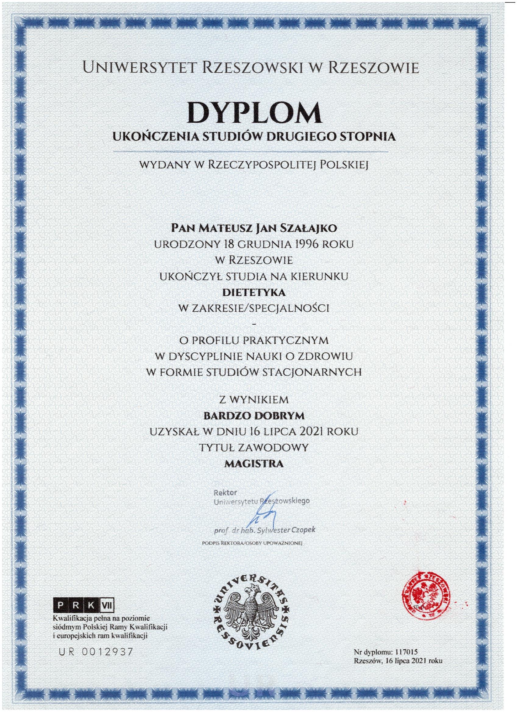 Dyplom II stopnia Dietetyka Szałajko Mateusz